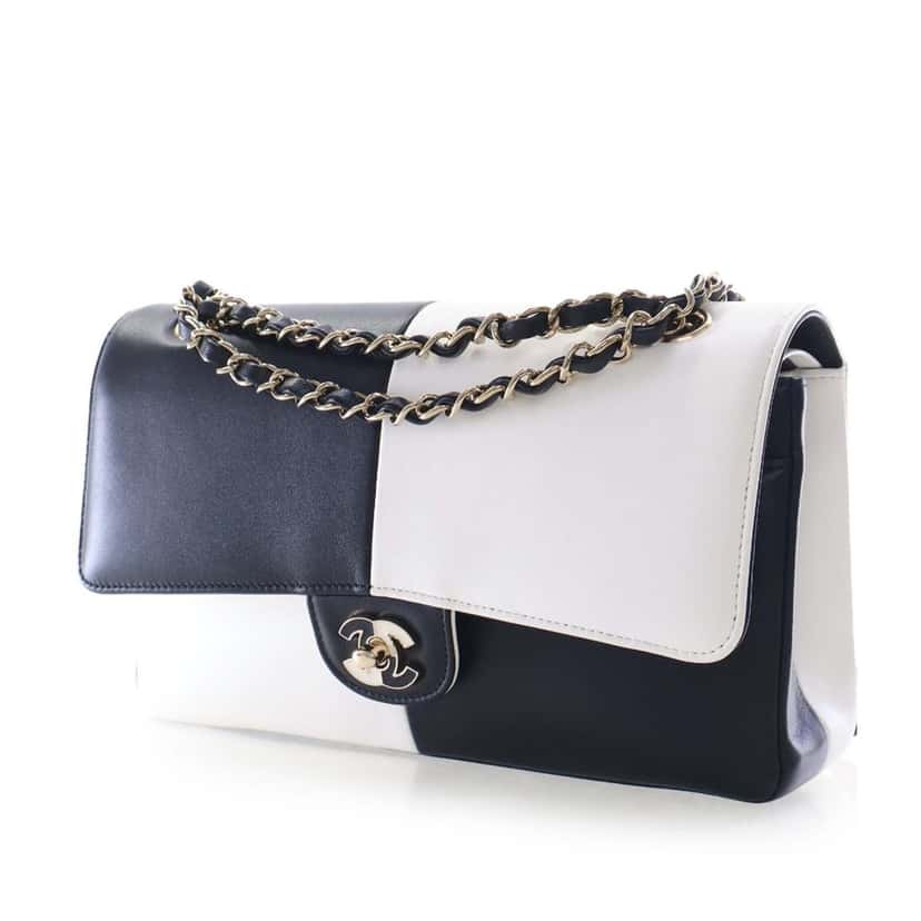 Chanel Medium Classic Bicolor Lambskin Geometric Colorblock Double Flap Black Leather Very good condition - Back View