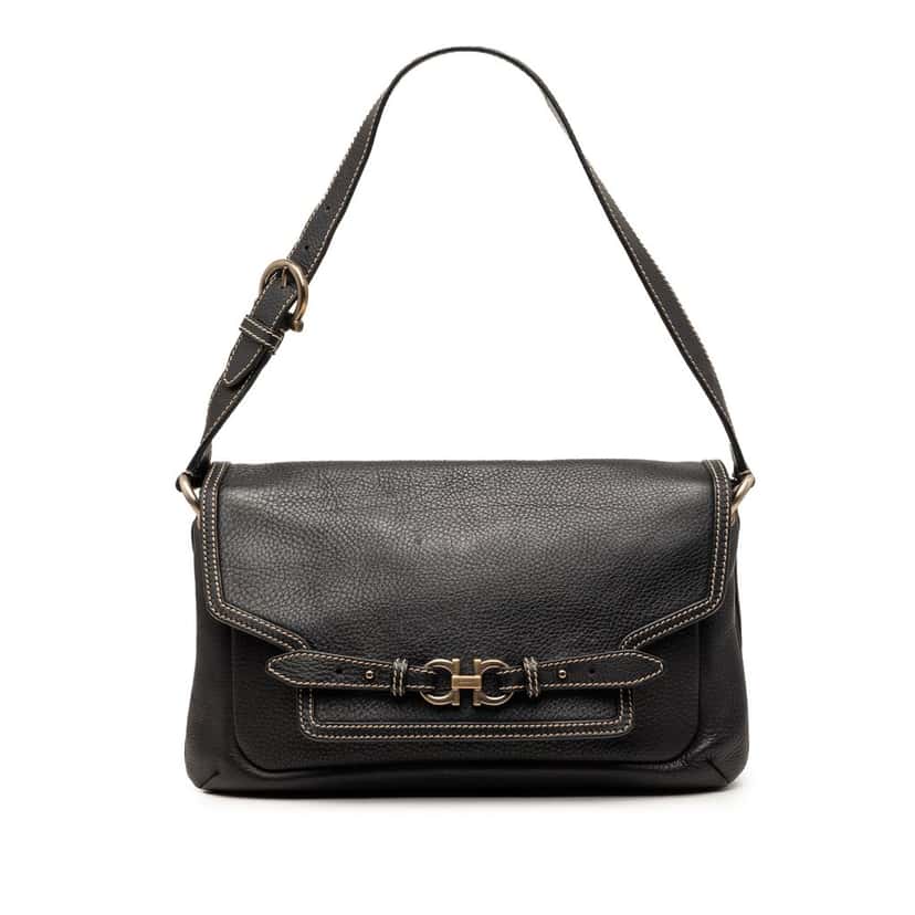 Salvatore Ferragamo Leather Double Gancini Shoulder Bag Black Leather Very good condition - Front View