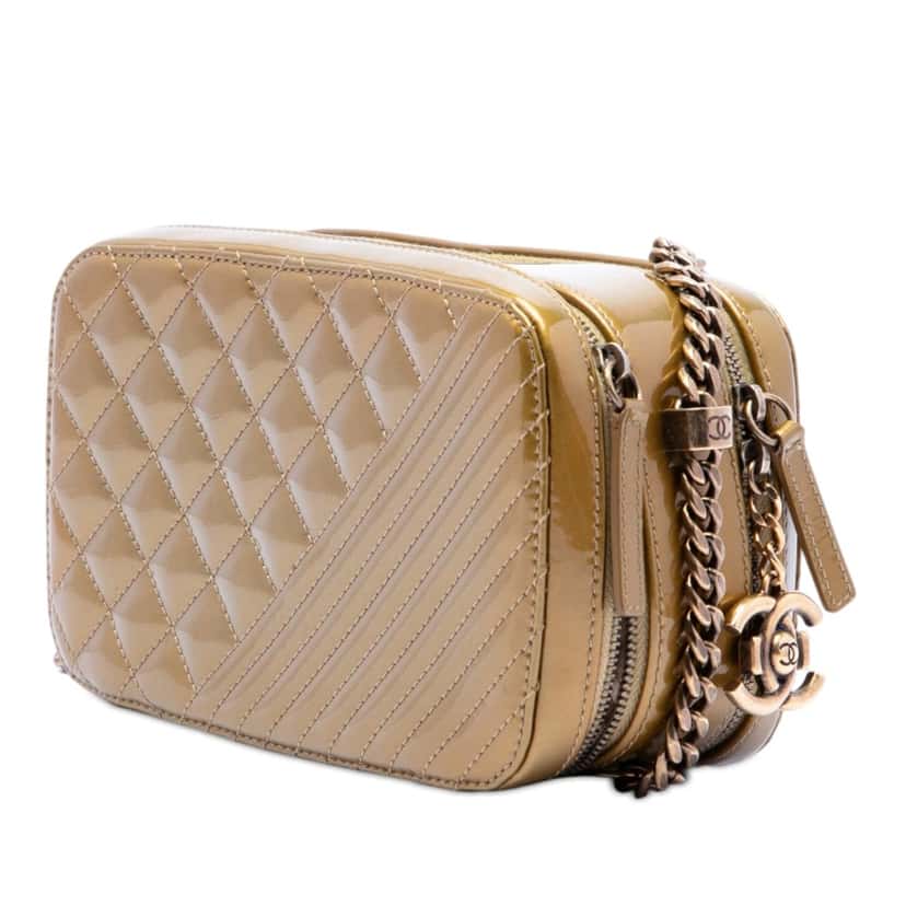 Chanel Small Quilted Metallic Patent Coco Boy Camera Bag Gold Leather Very good condition - Back View