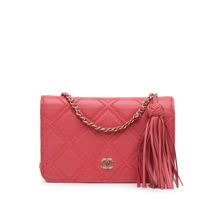Chanel CC Quilted Lambskin Double Stitch Tassel Wallet On Chain Pink Leather Very good condition - Front View