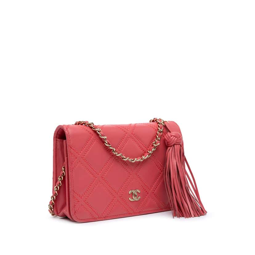 Chanel CC Quilted Lambskin Double Stitch Tassel Wallet On Chain Pink Leather Very good condition - Back View