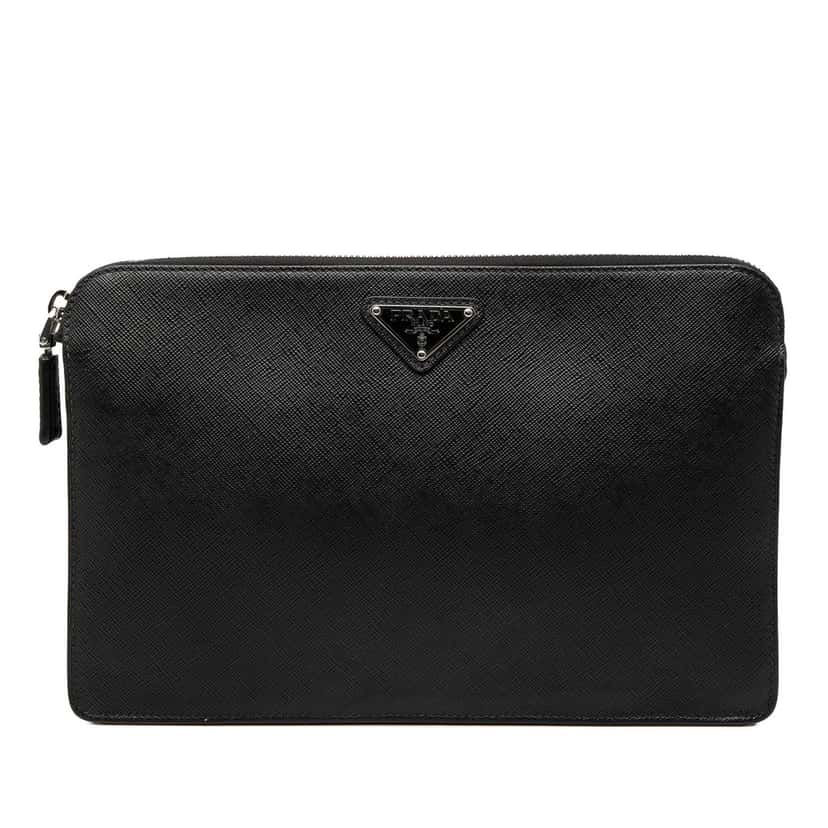Prada Saffiano Clutch Black Leather Very good condition - Front View