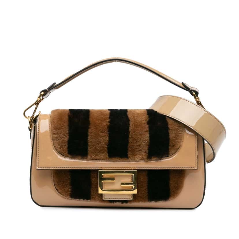 Fendi Shearling Pequin Baguette Satchel Beige Very good condition - Front View