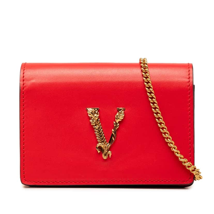 Versace Mini Leather Virtus V Chain Crossbody Red Leather Very good condition - Front View