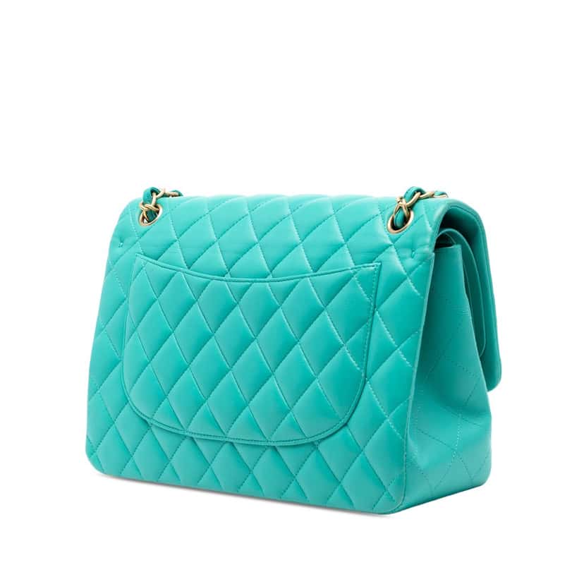 Chanel Jumbo Classic Lambskin Double Flap Green Leather Very good condition - Back View