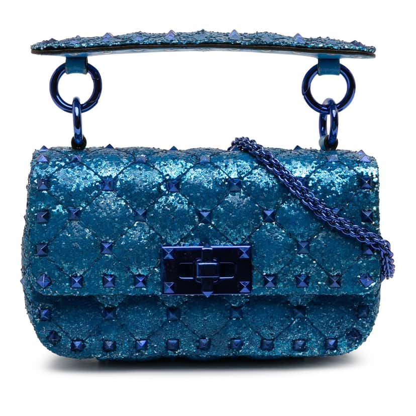 Valentino Mini Glitter Rockstud Spike Satchel Blue Very good condition - Front View