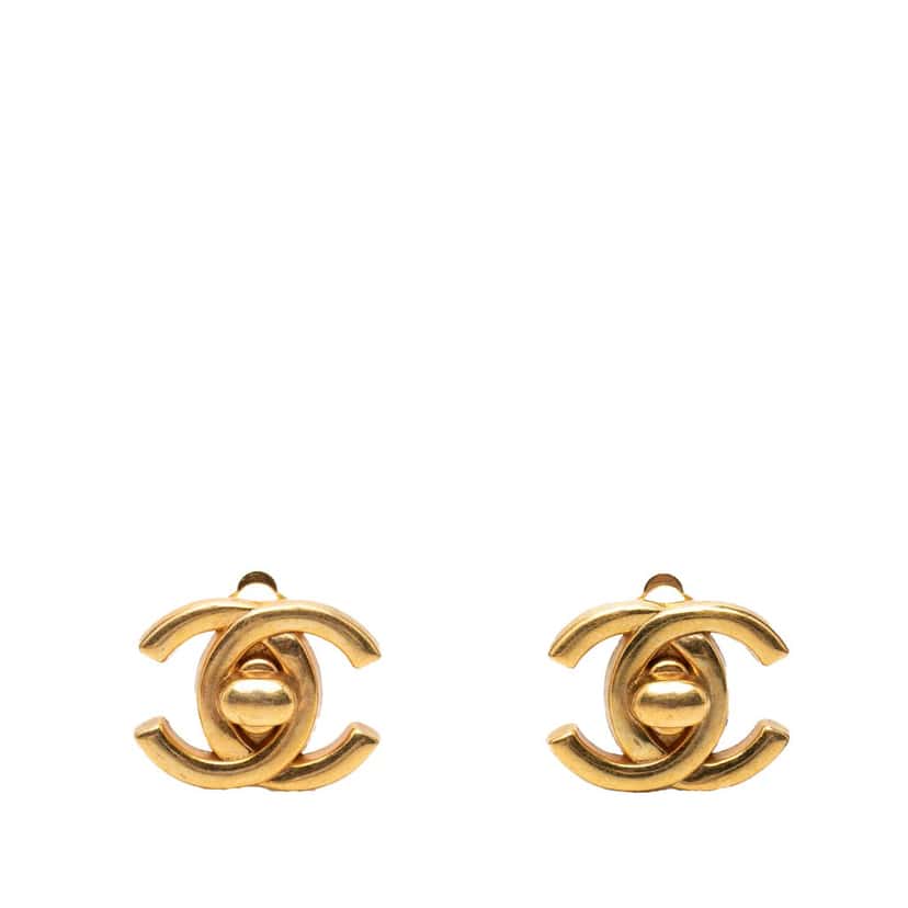 Chanel CC Gold Plated Turn Lock Clip On Earrings