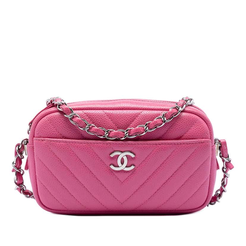 Chanel CC Chevron Caviar Camera Bag Pink Leather Very good condition - Front View
