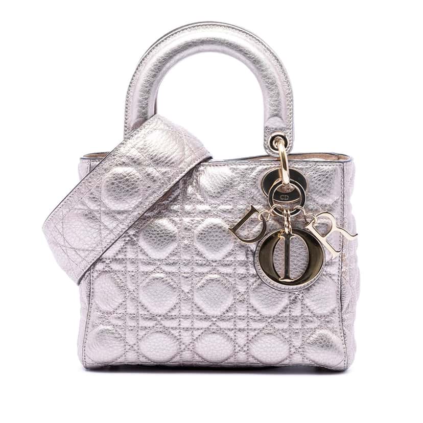 Dior Small Metallic Grained Calfskin Cannage Supple Lady Dior Silver Leather Very good condition - Front View