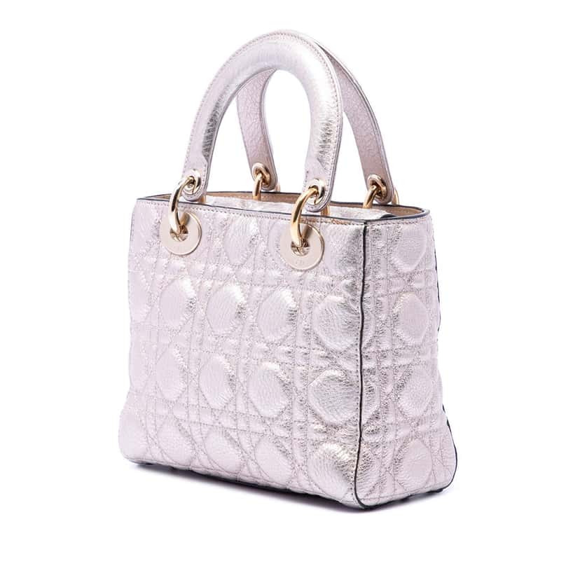 Dior Small Metallic Grained Calfskin Cannage Supple Lady Dior Silver Leather Very good condition - Back View