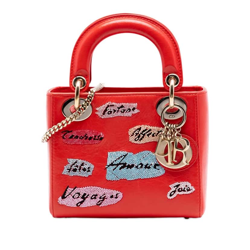 Dior Mini Calfskin Beaded Lady Dior Red Leather Very good condition - Front View