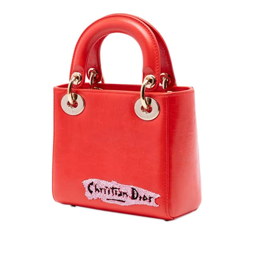 Dior Mini Calfskin Beaded Lady Dior Red Leather Very good condition - Back View