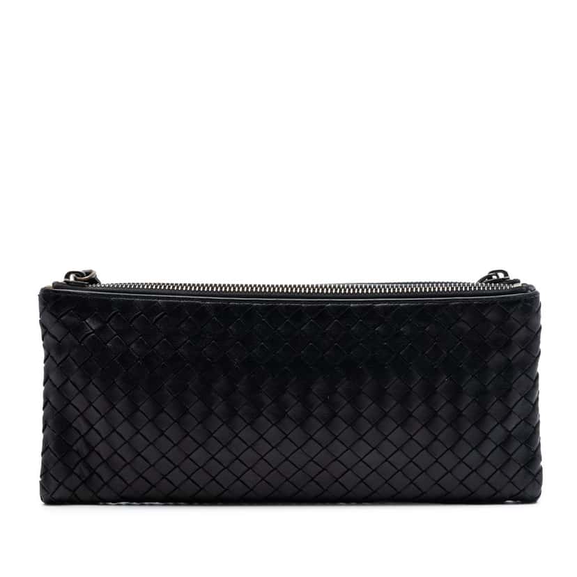 Bottega Veneta Nappa Intrecciato Double Zip Clutch Black Leather Very good condition - Front View