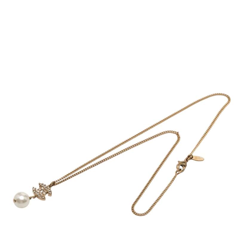Chanel Gold Plated Strass CC Faux Pearl Drop Pendant Necklace