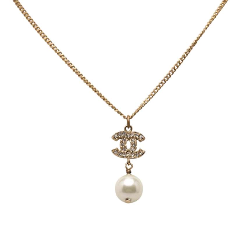 Chanel Gold Plated Strass CC Faux Pearl Drop Pendant Necklace Gold Metal Very good condition - Back View