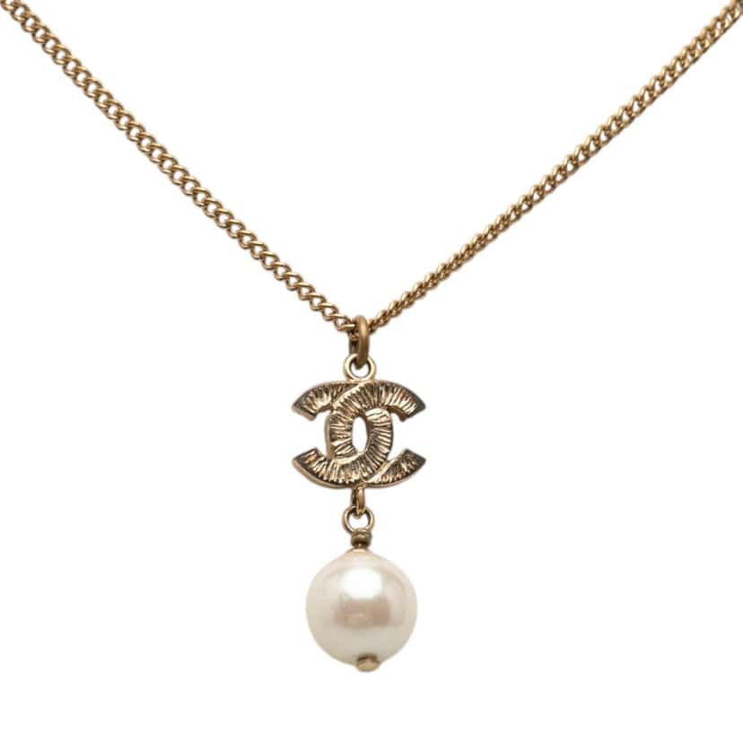 Chanel Gold Plated Strass CC Faux Pearl Drop Pendant Necklace Gold Metal Very good condition - Inside View