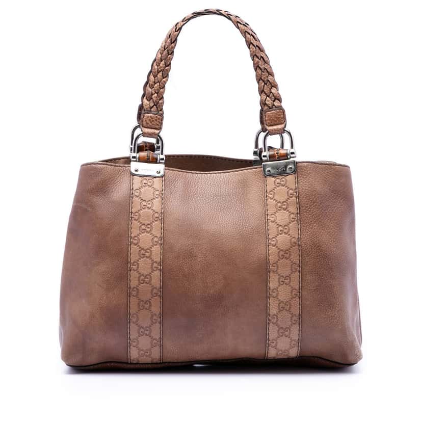 Gucci Medium Guccissima Trimmed Leather Bamboo Libeccio Tote Brown Leather Very good condition - Front View