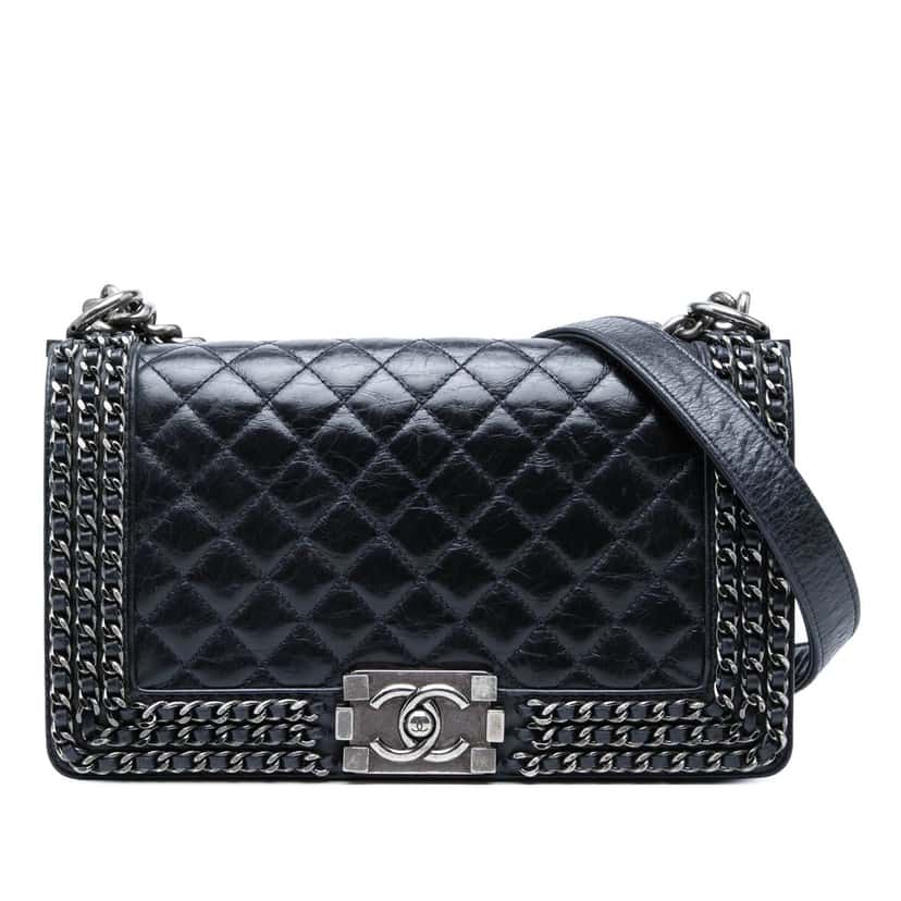 Chanel Old Medium Quilted Glazed Calfskin Chain Around Boy Flap Blue Leather Very good condition - Front View