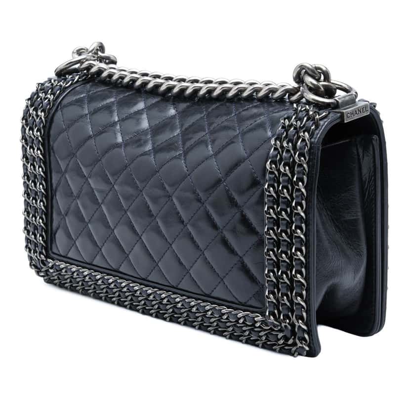 Chanel Old Medium Quilted Glazed Calfskin Chain Around Boy Flap Blue Leather Very good condition - Back View