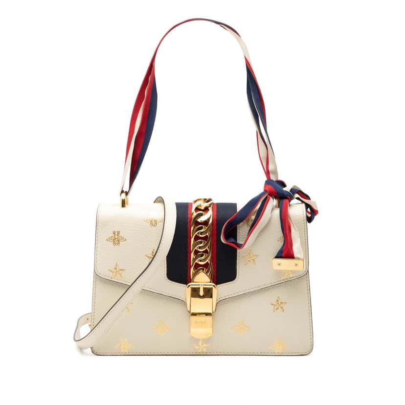 Gucci Small Calfkin Bee Star Sylvie Satchel White Leather Very good condition - Front View