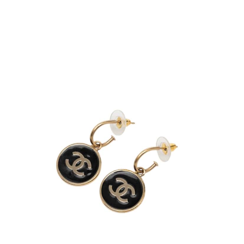 Chanel CC Gold Plated Resin Round Swing Push Back Earrings Gold Metal Very good condition - Front View