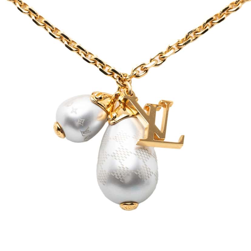 Louis Vuitton Gold Plated Damier Perle Pendant Necklace Gold Metal Very good condition - Front View