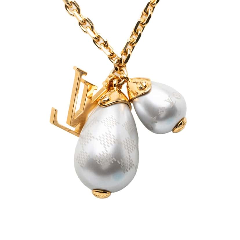 Louis Vuitton Gold Plated Damier Perle Pendant Necklace Gold Metal Very good condition - Back View