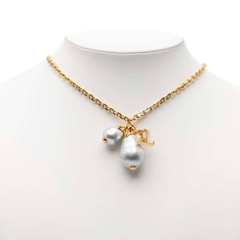 Louis Vuitton Gold Plated Damier Perle Pendant Necklace Gold Metal Very good condition - Box View