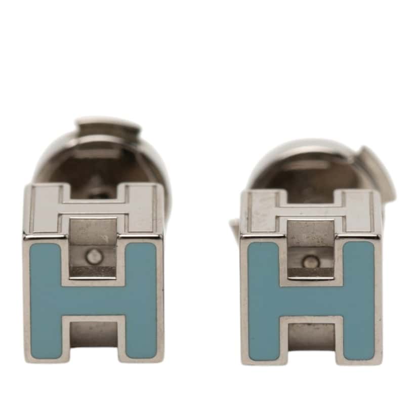 Hermès Palladium Plated Lacquer Cage dH Earrings Silver Metal Very good condition - Front View