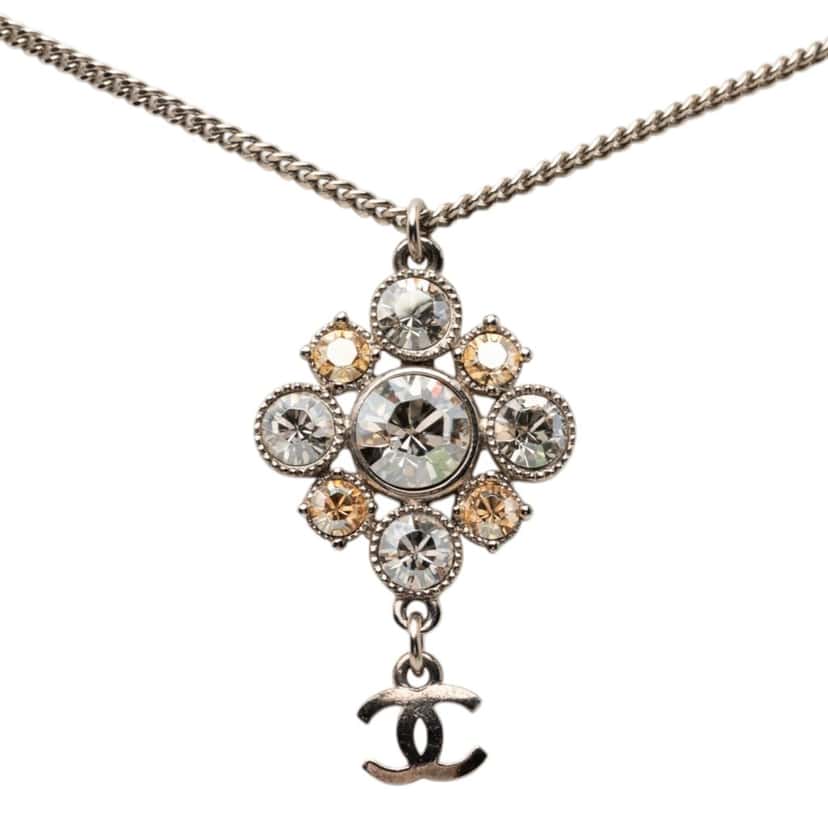 Chanel Brass CC Strass Pendant Necklace Silver Metal Very good condition - Front View