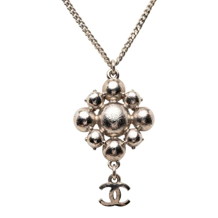 Chanel Brass CC Strass Pendant Necklace Silver Metal Very good condition - Back View