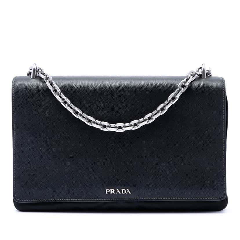 Prada Saffiano Lux and Tessuto Chain Crossbody Black Leather Very good condition - Front View