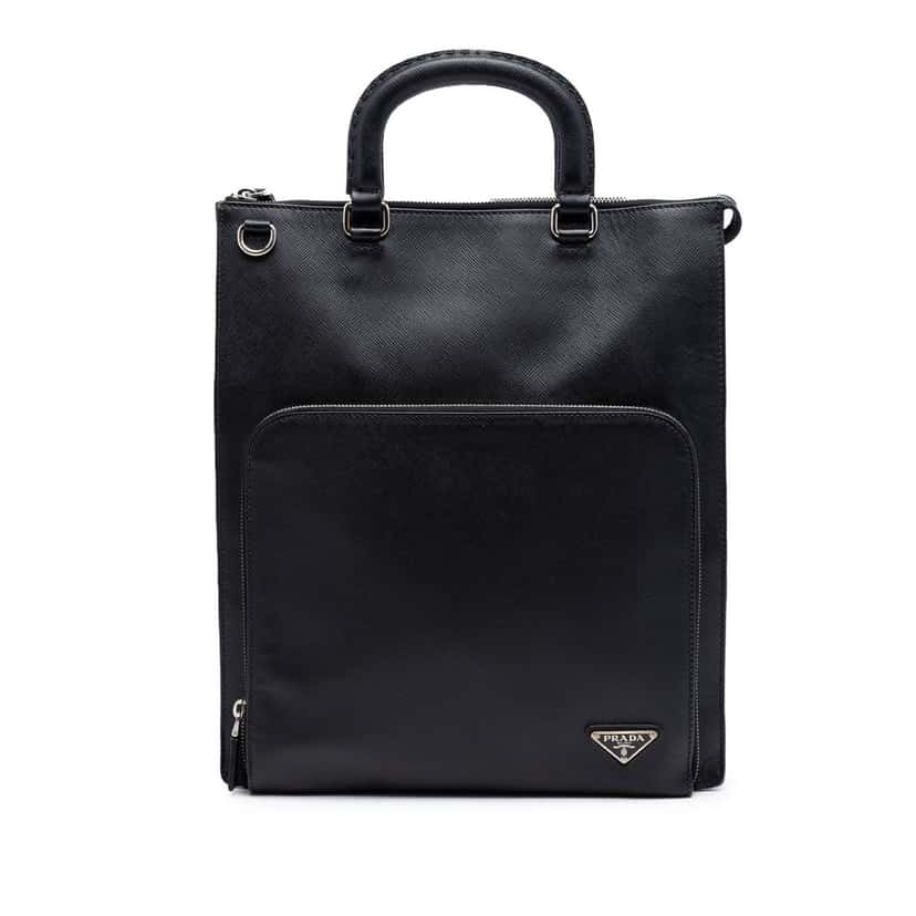 Prada Saffiano Lux Front Pocket Convertible Tote Black Leather Very good condition - Front View