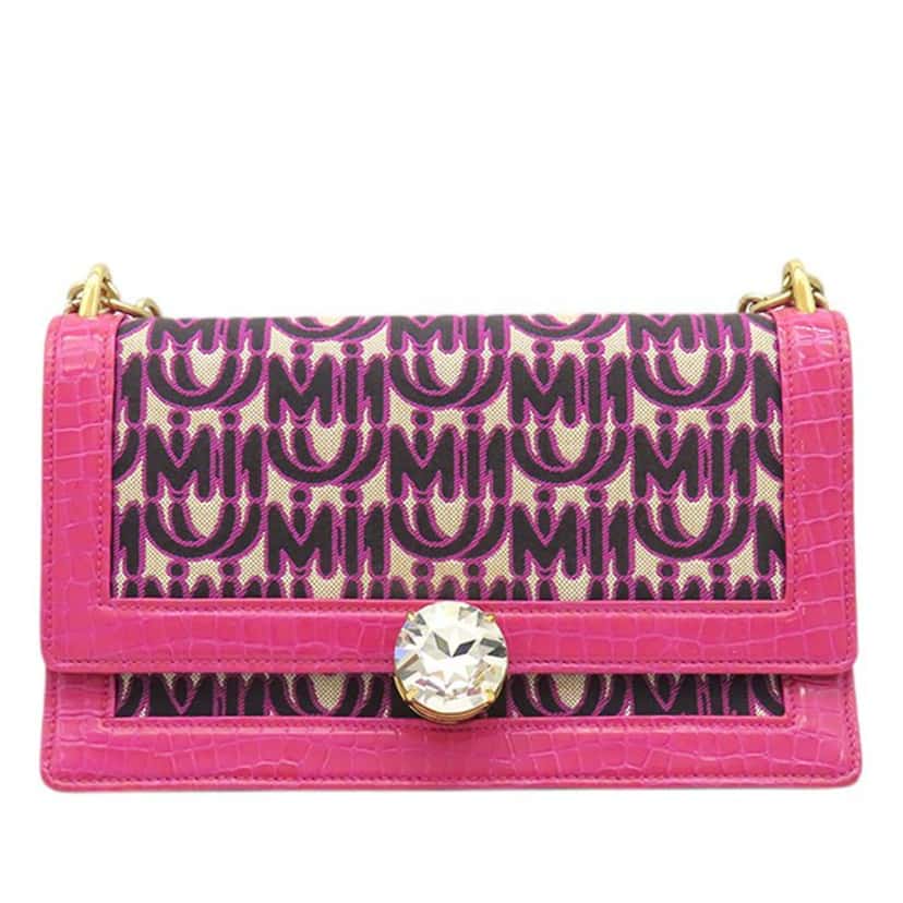 Miu Miu MM Paris Emiuticon Jacquard and Croc Embossed Patent Crystal Chain Crossbody Pink Very good condition - Front View