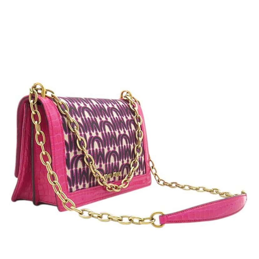 Miu Miu MM Paris Emiuticon Jacquard and Croc Embossed Patent Crystal Chain Crossbody Pink Very good condition - Back View