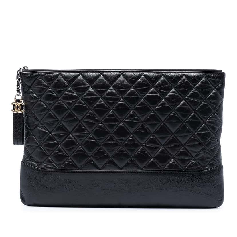 Chanel Large Aged Calfskin Gabrielle O Case Clutch Black Leather Very good condition - Front View