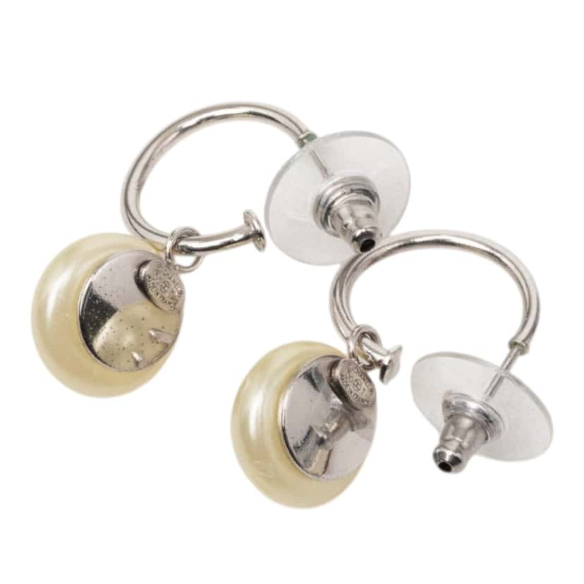 Chanel CC Brass Faux Pearl Drop Push Back Earrings Silver Metal Very good condition - Back View