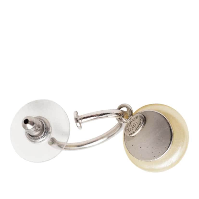 Chanel CC Brass Faux Pearl Drop Push Back Earrings Silver Metal Very good condition - Inside View