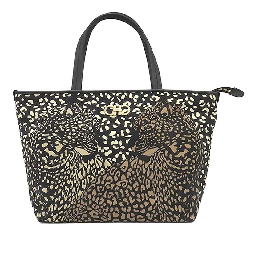 Salvatore Ferragamo Nylon Leopard Print Double Gancini Tote Black Very good condition - Front View