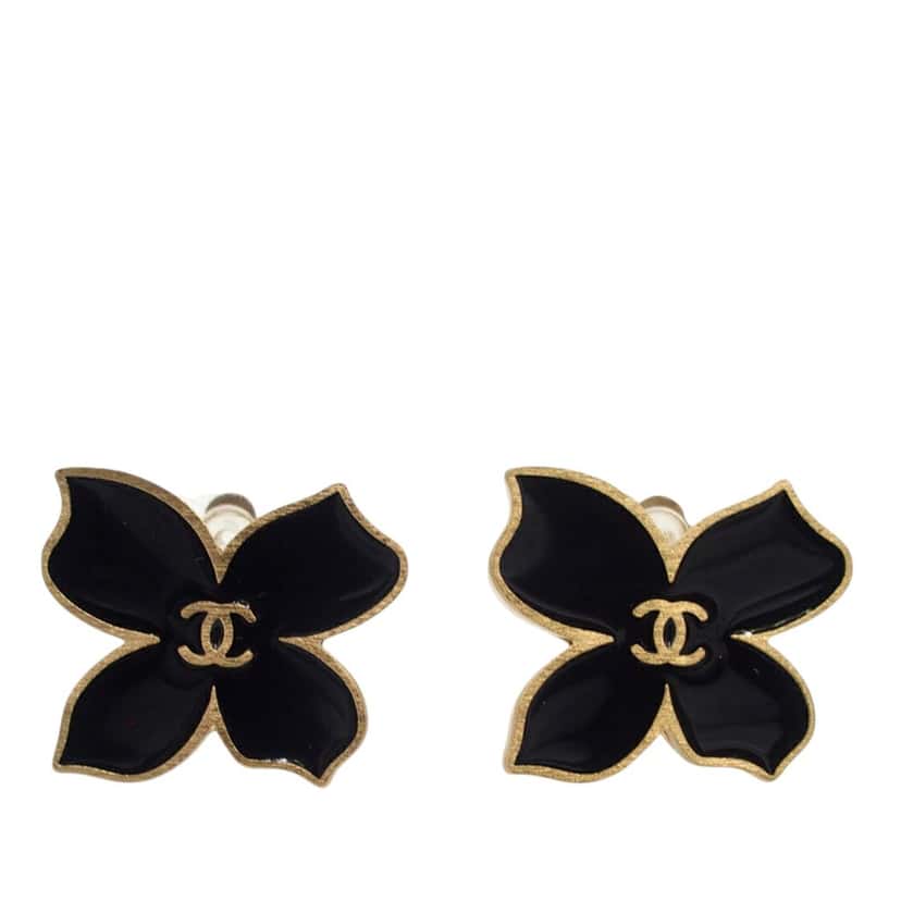 Chanel CC Gold Plated Enamel Flower Clip On Earrings
