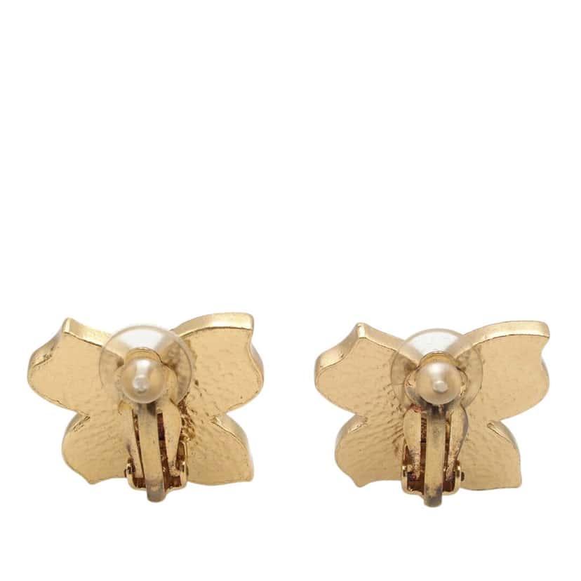 Chanel CC Gold Plated Enamel Flower Clip On Earrings Gold Metal Very good condition - Back View