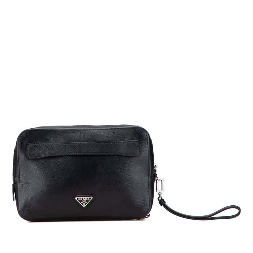 Prada Saffiano Portfolio Zip Clutch Black Leather Good condition - Front View