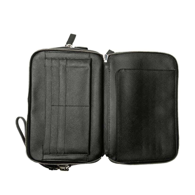 Prada Saffiano Portfolio Zip Clutch Black Leather Good condition - Model View