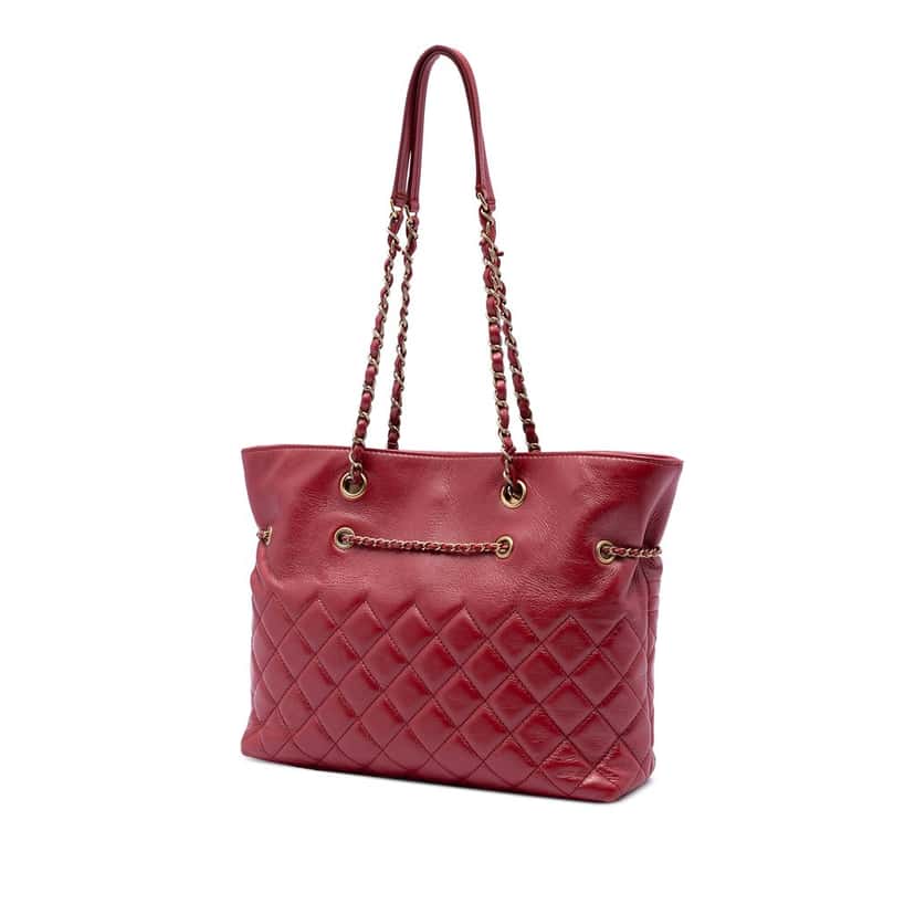 Chanel CC Quilted Calfskin Front Zip Drawstring Chain Tote Red Leather Very good condition - Back View