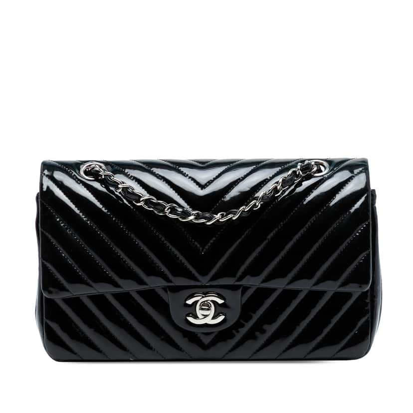 Chanel Medium Classic Chevron Patent Double Flap Blue Leather Very good condition - Front View