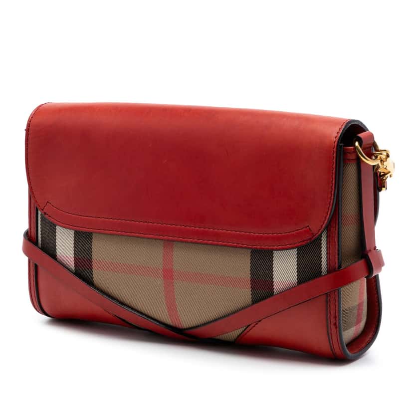 Burberry Leather and House Check Canvas Bridle Abbott Crossbody Red Leather Very good condition - Back View
