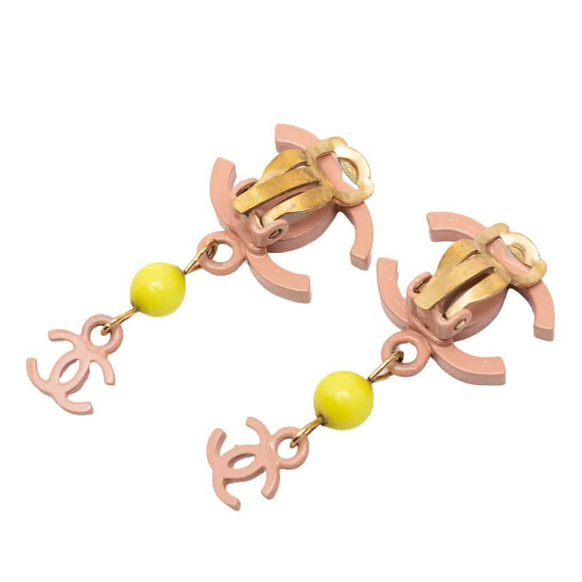 Chanel Gold Plated Enamel CC Drop Clip-On Earrings Pink Very good condition - Back View