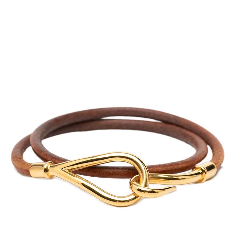Hermès Gold Plated and Leather Jumbo Hook Double Tour Bracelet Brown Leather Very good condition - Front View