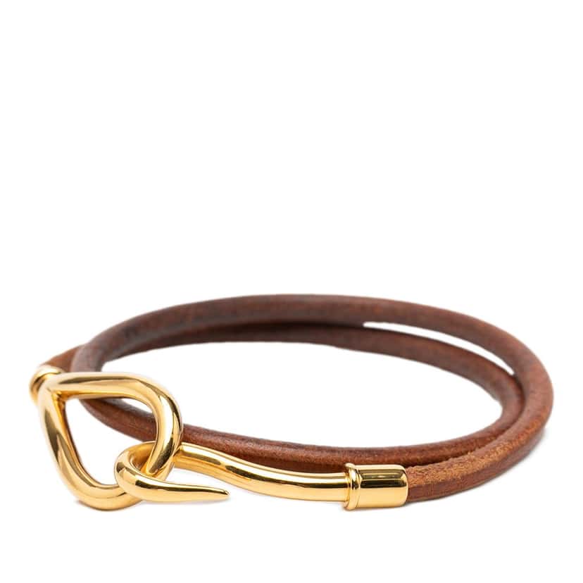 Hermès Gold Plated and Leather Jumbo Hook Double Tour Bracelet Brown Leather Very good condition - Back View