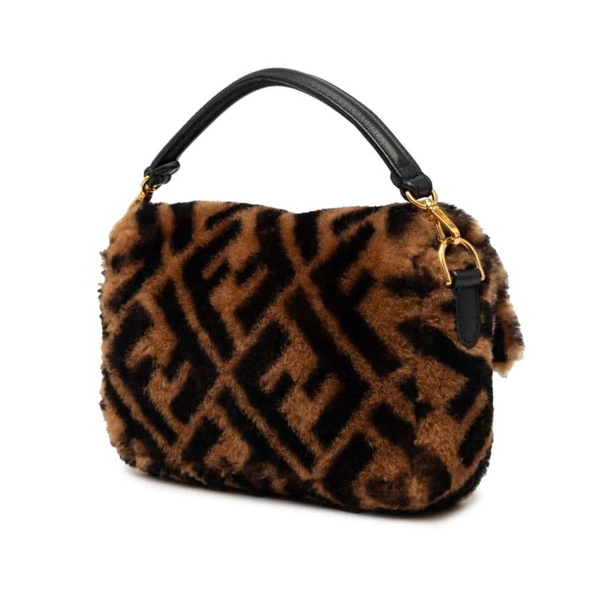 Fendi Mini Zucca Shearling Chain Baguette Satchel Brown Very good condition - Back View